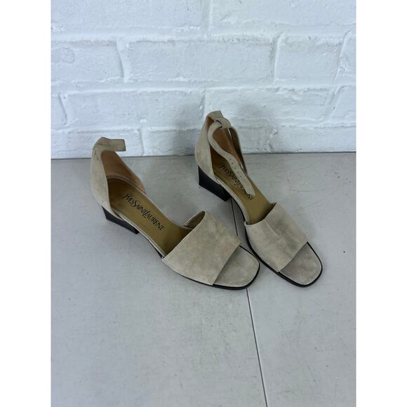 Yves Saint Laurent Shoes - Yves Saint Laurent Women's Suede Open Toe Sandals Low Block Heel Beige Size 8.5
